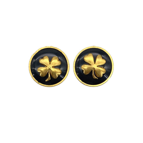 VINTAGE CHANEL EARRINGS ROUND CLOVER BLACK GOLD ACCESSORY 93A 90319608