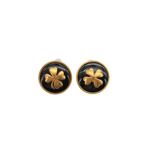 VINTAGE CHANEL EARRINGS ROUND CLOVER BLACK GOLD ACCESSORY 93A 90323150