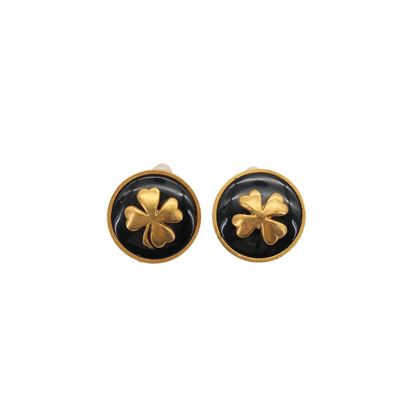 VINTAGE CHANEL EARRINGS ROUND CLOVER BLACK GOLD ACCESSORY 93A 90323150