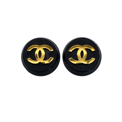 VINTAGE CHANEL EARRINGS ROUND COCOMARK BLACK GOLD ACCESSORY 26 90319597