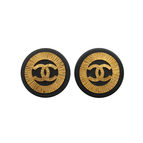 VINTAGE CHANEL EARRINGS ROUND COCOMARK BLACK GOLD ACCESSORY 28 90338254