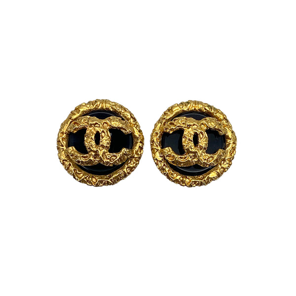 VINTAGE CHANEL EARRINGS ROUND COCOMARK BLACK GOLD ACCESSORY 93P 90319598