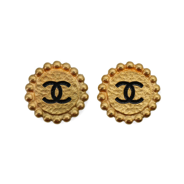 VINTAGE CHANEL EARRINGS ROUND COCOMARK BLACK GOLD ACCESSORY 94P 90321062