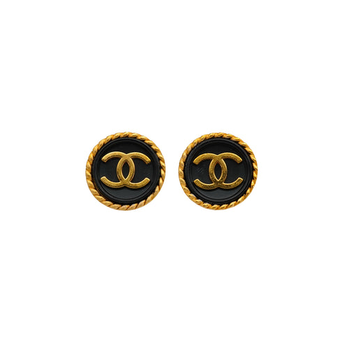 VINTAGE CHANEL EARRINGS ROUND COCOMARK BLACK GOLD ACCESSORY 95A 90338283
