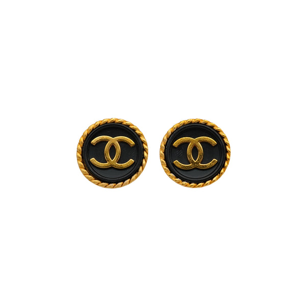 VINTAGE CHANEL EARRINGS ROUND COCOMARK BLACK GOLD ACCESSORY 95A 90338283