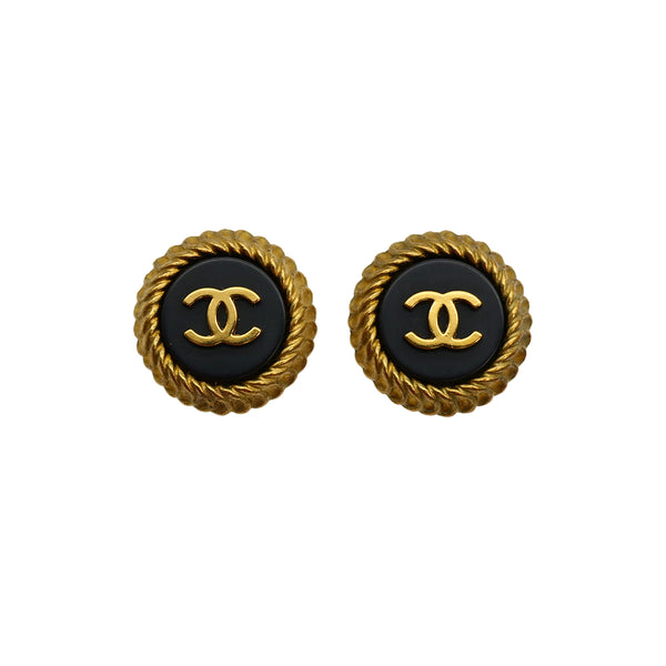 VINTAGE CHANEL EARRINGS ROUND COCOMARK BLACK GOLD ACCESSORY 95C 90321179