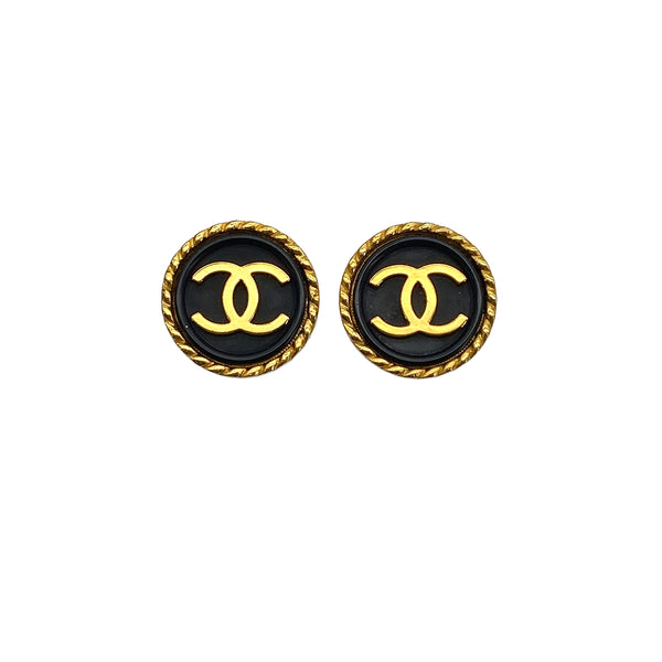 VINTAGE CHANEL EARRINGS ROUND COCOMARK BLACK GOLD ACCESSORY 96A 90319596