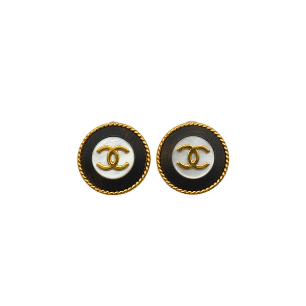 VINTAGE CHANEL EARRINGS ROUND COCOMARK BLACK GOLD ACCESSORY 97P 90338893