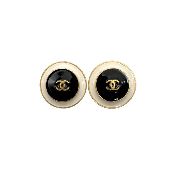 VINTAGE CHANEL EARRINGS ROUND COCOMARK BLACK WHITE GOLD ACCESSORY 96A 90318638