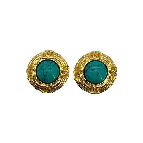VINTAGE CHANEL EARRINGS ROUND COCOMARK COLOR STONE GREEN GOLD ACCESSORY 93P 90322032