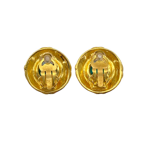 VINTAGE CHANEL EARRINGS ROUND COCOMARK COLOR STONE GREEN GOLD ACCESSORY 93P 90322032
