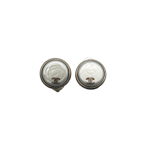 VINTAGE CHANEL EARRINGS ROUND COCOMARK FAUX PEARL SILVER ACCESSORY 99P 90335732
