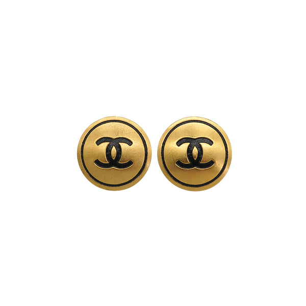VINTAGE CHANEL EARRINGS ROUND COCOMARK GOLD BLACK ACCESSORY 93A 90339127