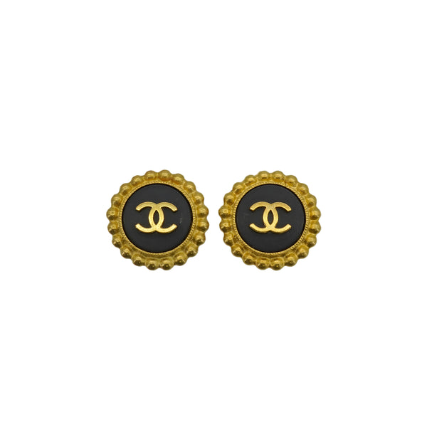 VINTAGE CHANEL EARRINGS ROUND COCOMARK GOLD BLACK ACCESSORY 95P 90350561