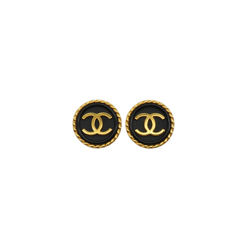 VINTAGE CHANEL EARRINGS ROUND COCOMARK GOLD BLACK ACCESSORY 96P 90337706