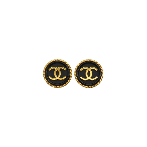 VINTAGE CHANEL EARRINGS ROUND COCOMARK GOLD BLACK ACCESSORY 96P 90337706