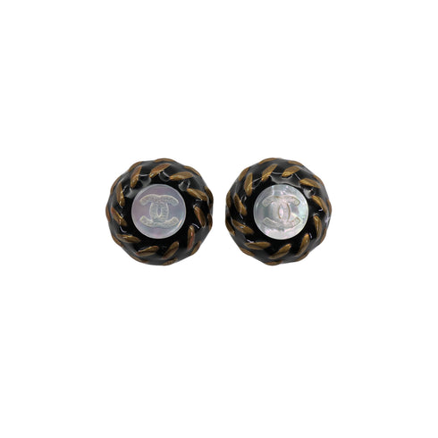 VINTAGE CHANEL EARRINGS ROUND COCOMARK GOLD BLACK ACCESSORY 97A 90322929