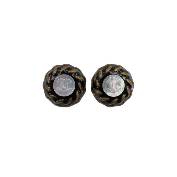 VINTAGE CHANEL EARRINGS ROUND COCOMARK GOLD BLACK ACCESSORY 97A 90322929