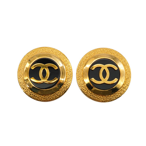 VINTAGE CHANEL EARRINGS ROUND COCOMARK BLACK GOLD ACCESSORY 93P 90334889