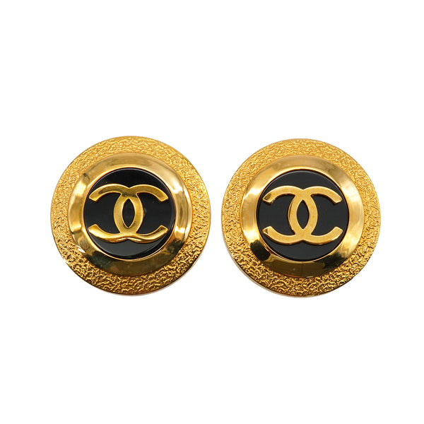 VINTAGE CHANEL EARRINGS ROUND COCOMARK BLACK GOLD ACCESSORY 93P 90334889
