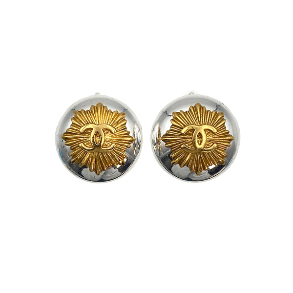 VINTAGE CHANEL EARRINGS ROUND COCOMARK SILVER GOLD ACCESSORY 96A 90321041