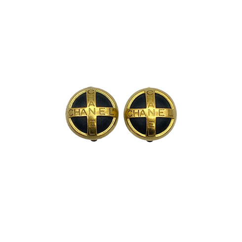 VINTAGE CHANEL EARRINGS ROUND LOGO BLACK GOLD ACCESSORY 94A 90319661