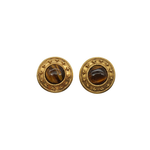 VINTAGE CHANEL EARRINGS ROUND TIGER EYE GOLD ACCESSORY 90337680