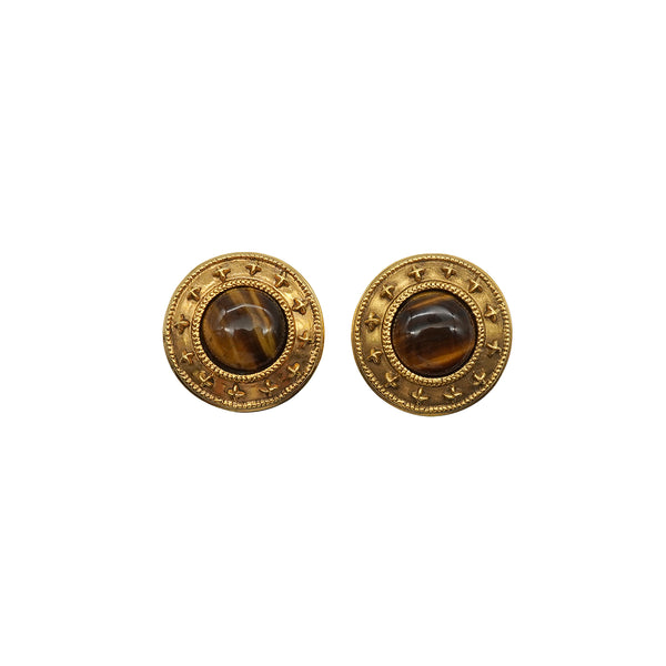 VINTAGE CHANEL EARRINGS ROUND TIGER EYE GOLD ACCESSORY 90337680