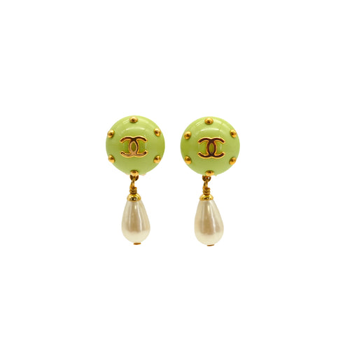 VINTAGE CHANEL EARRINGS STUDS COCOMARK GREEN GOLD SWING ACCESSORY 96C 90340381