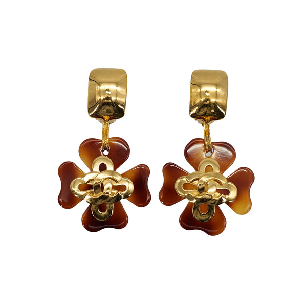 VINTAGE CHANEL EARRINGS SWING COCOMARK CLOVER TORTOISESHELL GOLD ACCESSORY 95P 90314401
