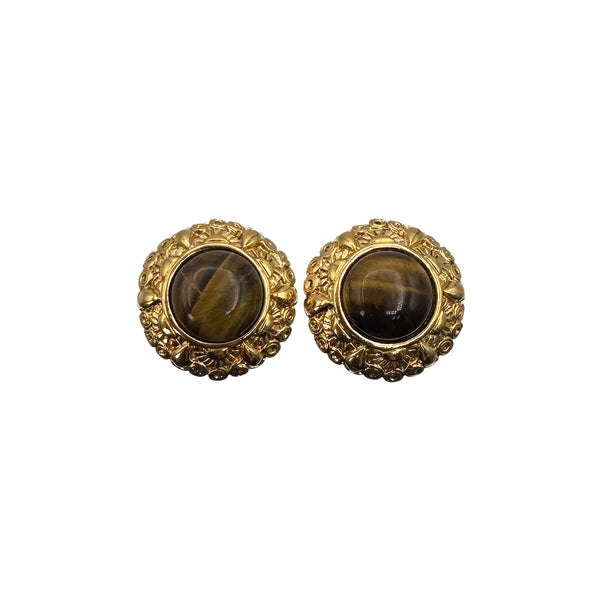 VINTAGE CHANEL EARRINGS TIGER EYE AROUND BROWN GOLD ACCESSORY 90323115