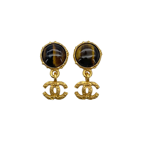 VINTAGE CHANEL EARRINGS TIGER EYE COCOMARK BROWN GOLD ACCESSORY 96A 90319606