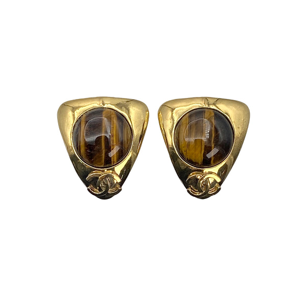 VINTAGE CHANEL EARRINGS TIGER EYE COCOMARK BROWN GOLD ACCESSORY 97P 90321043