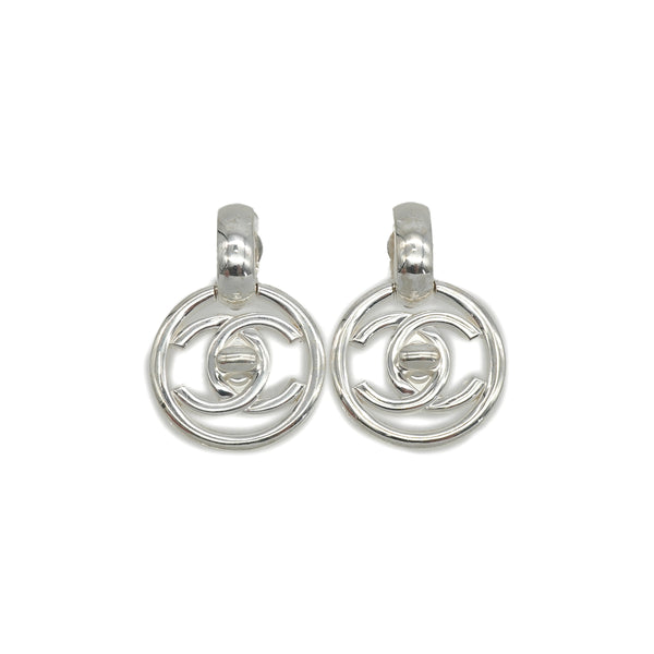 VINTAGE CHANEL EARRINGS TURN LOCK CIRCLE SWING SILVER ACCESSORY 97P 90348340