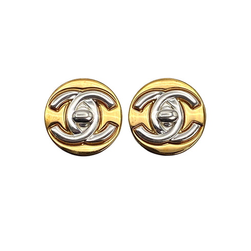 VINTAGE CHANEL EARRINGS TURN LOCK COCOMARK GOLD SILVER ACCESSORY 97A 90321126