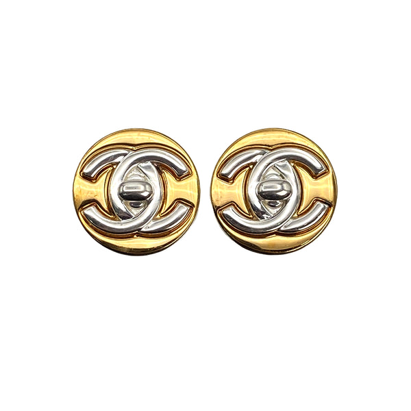 VINTAGE CHANEL EARRINGS TURN LOCK COCOMARK GOLD SILVER ACCESSORY 97A 90321126