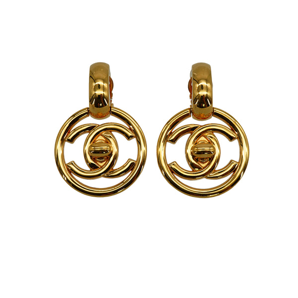 VINTAGE CHANEL EARRINGS TURN LOCK COCOMARK ROUND SWING GOLD ACCESSORY 97P 90335904