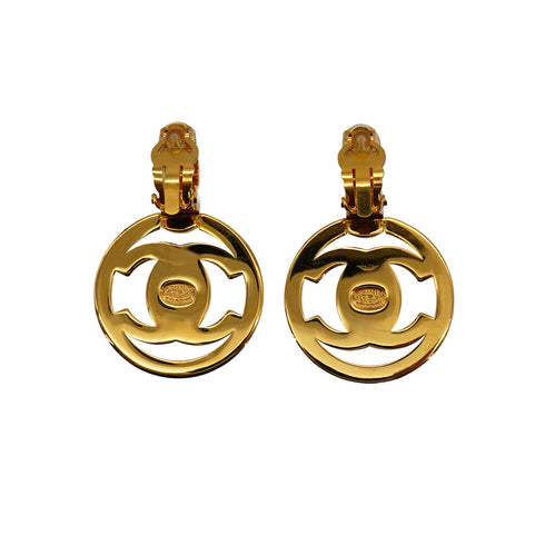 VINTAGE CHANEL EARRINGS TURN LOCK COCOMARK ROUND SWING GOLD ACCESSORY 97P 90335904