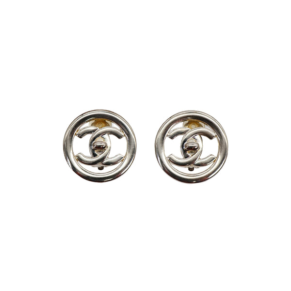 VINTAGE CHANEL EARRINGS TURN LOCK COCOMARK SILVER ACCESSORY 97P 90321026