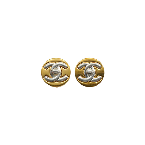 VINTAGE CHANEL EARRINGS TURN LOCK ROUND GOLD SILVER ACCESSORY 97A 90337671