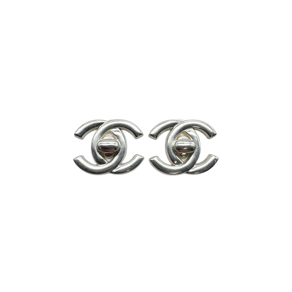 VINTAGE CHANEL EARRINGS TURN LOCK SILVER ACCESSORY 96A 90328936
