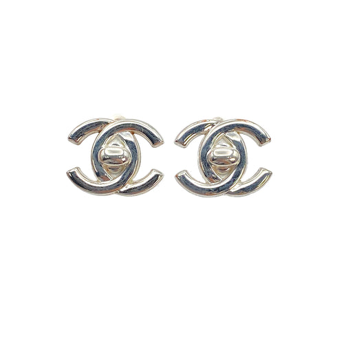 VINTAGE CHANEL EARRINGS TURN LOCK SILVER ACCESSORY 97P 90321125