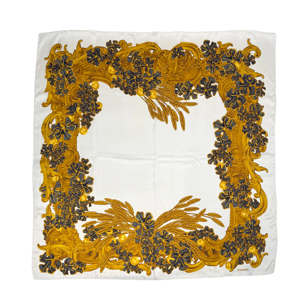 VINTAGE CHANEL FLORAL MOTIF SCARF WHITE YELLOW SILK 90318650