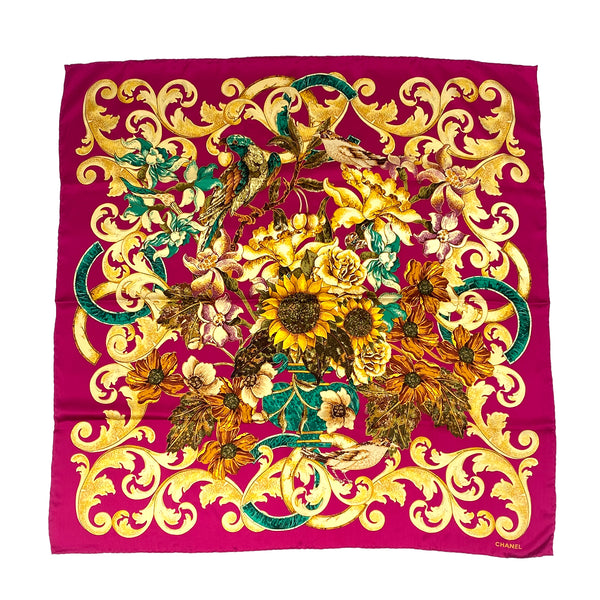 VINTAGE CHANEL FLOWER PATTERN SCARF PINK MULTICOLOR SILK 90313883