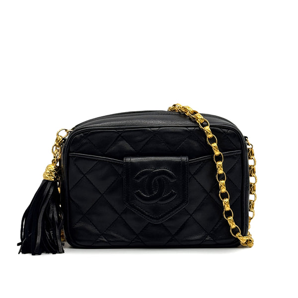 VINTAGE CHANEL FRINGE BIJOU CHAIN SHUOLDER BAG BLACK LAMB SKIN GOLD HARDWARE 90329217