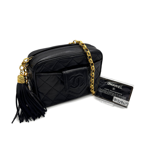 VINTAGE CHANEL FRINGE BIJOU CHAIN SHUOLDER BAG BLACK LAMB SKIN GOLD HARDWARE 90329217