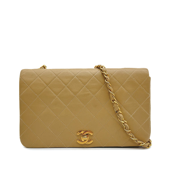 VINTAGE CHANEL FULL FLAP CHAIN SHUOLDER BAG BEIGE LAMB SKIN GOLD HARDWARE 90317724