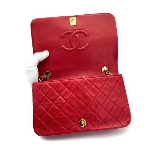 VINTAGE CHANEL FULL FLAP CHAIN SHOULDER BAG RED LAMB SKIN GOLD HARDWARE 90322918