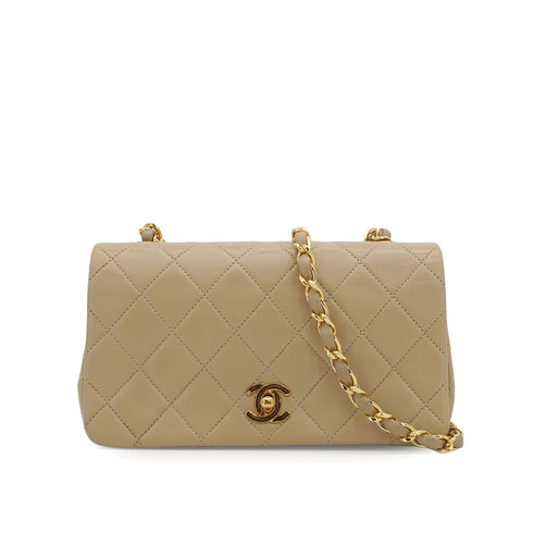 VINTAGE CHANEL FULL FLAP CHAIN SHUOLDER BAG BEIGE LAMB SKIN GOLD HARDWARE 90328465