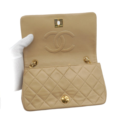 VINTAGE CHANEL FULL FLAP CHAIN SHUOLDER BAG BEIGE LAMB SKIN GOLD HARDWARE 90328465